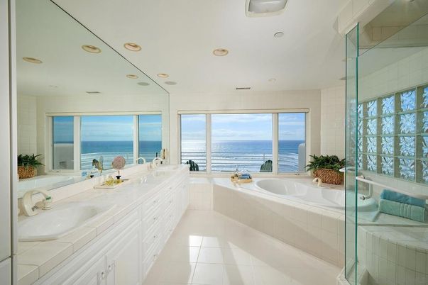 Bathroom, Dual Sink Vanities, Glass Shower, Interior, Recessed Lighting, Tile Countertops, Water