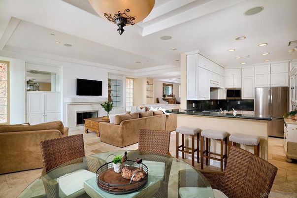 Dining room, Fireplace, Interior, Kitchen, Living room, Recessed Lighting, Stainless Steel Appliances