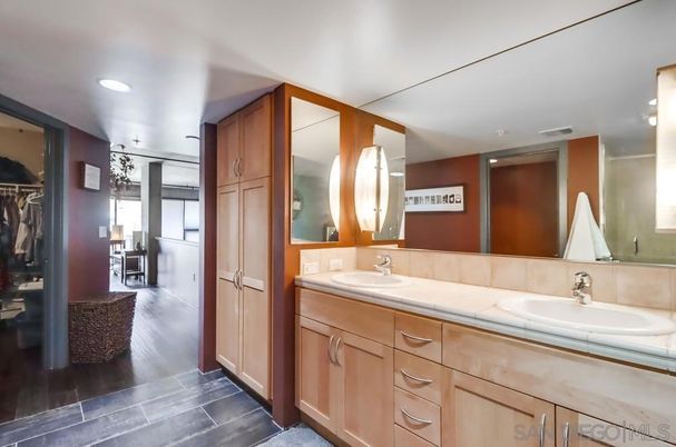 Bathroom, Dual Sink Vanities, Interior, Recessed Lighting, Tile Countertops, Wood Texture Flooring