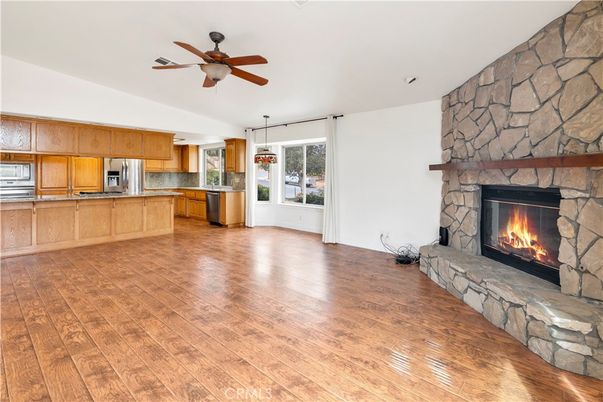Fireplace, Interior, Kitchen, Pendant Lights, Stone Walls, Wood Texture Flooring