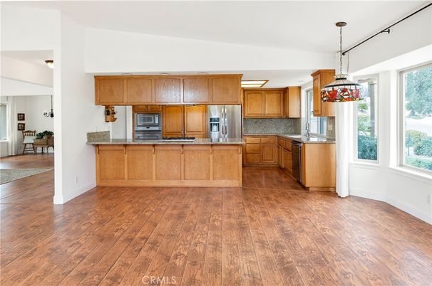 Interior, Kitchen, Pendant Lights, Stainless Steel Appliances, Wood Texture Flooring