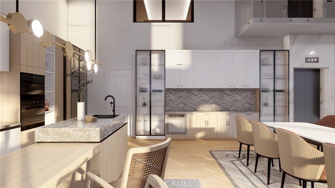 Dining room, Interior, Kitchen, Pendant Lights, Stainless Steel Appliances, Wood Texture Flooring
