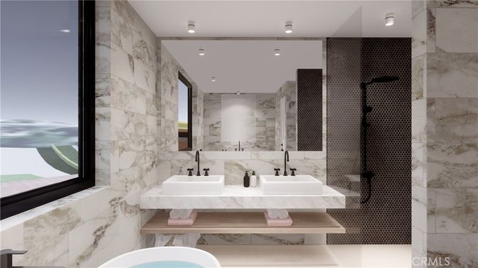 Bathroom, Dual Sink Vanities, Interior, Marble Walls, Recessed Lighting