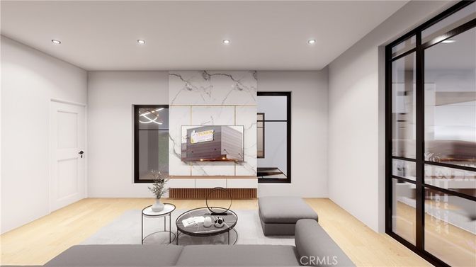 Interior, Living room, Marble Walls, Recessed Lighting, Wood Texture Flooring