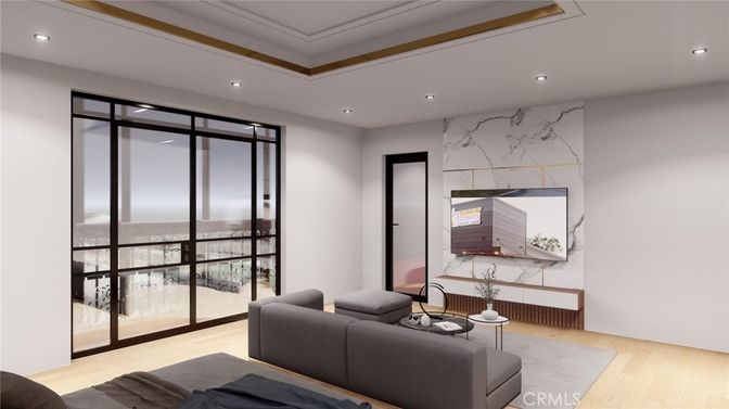 Interior, Living room, Marble Walls, Recessed Lighting, Wood Texture Flooring