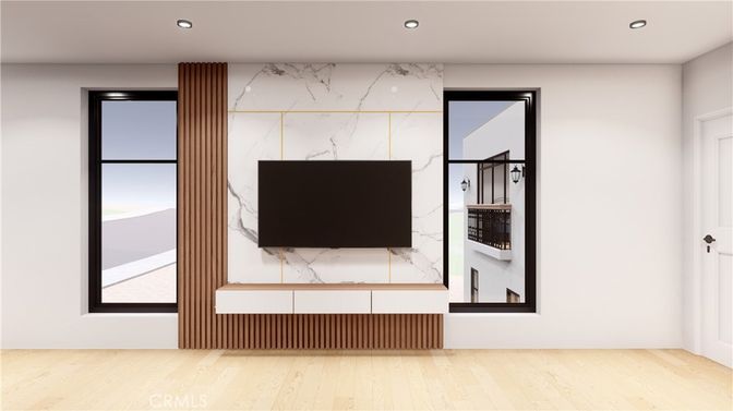 Interior, Marble Walls, Recessed Lighting, Wood Texture Flooring