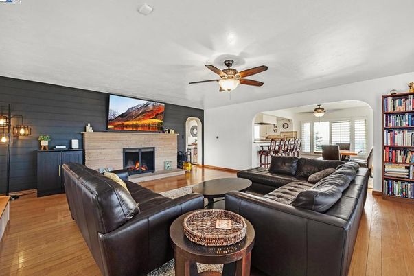 Dining room, Fireplace, Interior, Living room, Wood Texture Flooring
