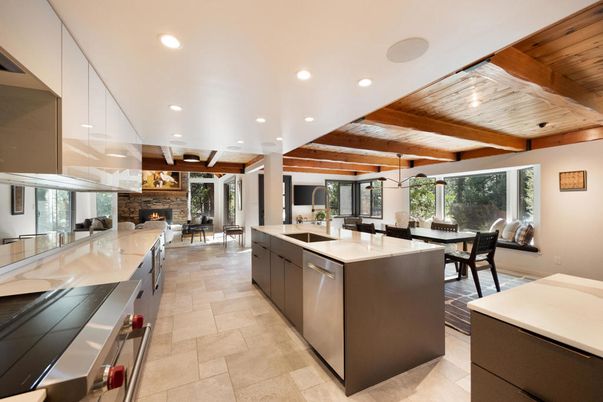 Dining room, Fireplace, Interior, Kitchen, Pendant Lights, Recessed Lighting, Stainless Steel Appliances, Wooden Beams, Wooden Ceilings