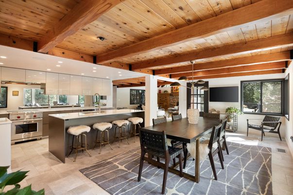 Dining room, Interior, Kitchen, Recessed Lighting, Stainless Steel Appliances, Wooden Beams, Wooden Ceilings