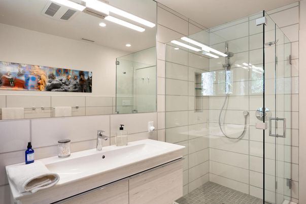 Bathroom, Dual Sink Vanities, Glass Shower, Interior, Recessed Lighting