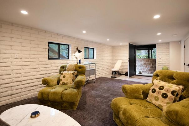 Interior, Living room, Recessed Lighting, Stone Walls