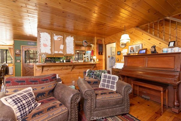 Interior, Living room, Pendant Lights, Piano, Wooden Ceilings, Wood Texture Flooring, Wooden Walls