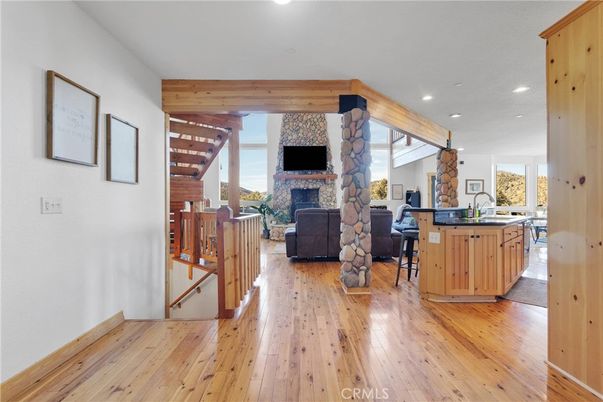 Fireplace, Interior, Kitchen, Recessed Lighting, Wood Texture Flooring