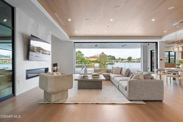Dining room, Interior, Living room, Pendant Lights, Recessed Lighting, Water, Wooden Ceilings, Wood Texture Flooring