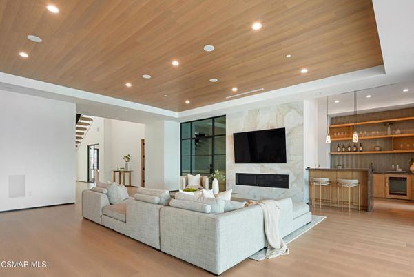 Fireplace, Interior, Living room, Pendant Lights, Recessed Lighting, Wooden Ceilings, Wood Texture Flooring