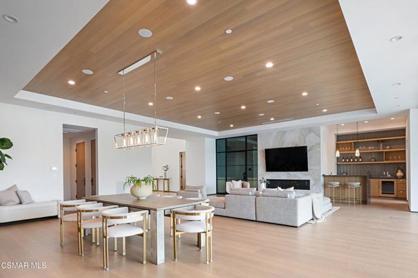 Dining room, Interior, Kitchen, Living room, Pendant Lights, Recessed Lighting, Wooden Ceilings, Wood Texture Flooring