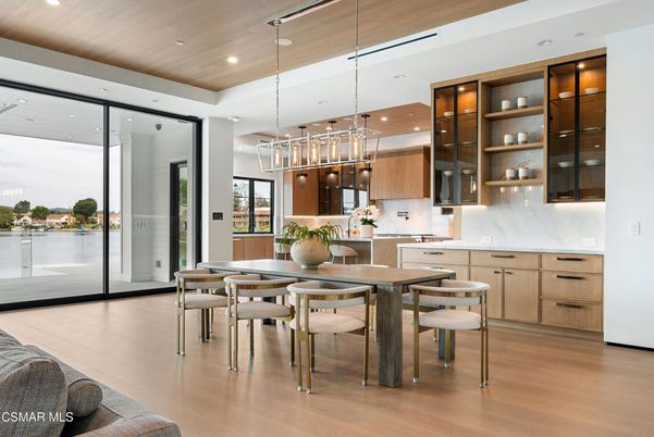Dining room, Interior, Kitchen, Marble Walls, Pendant Lights, Recessed Lighting, Wooden Ceilings, Wood Texture Flooring
