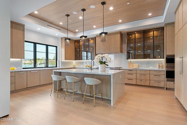 Interior, Kitchen, Marble Walls, Pendant Lights, Recessed Lighting, Stainless Steel Appliances, Wooden Ceilings, Wood Texture Flooring