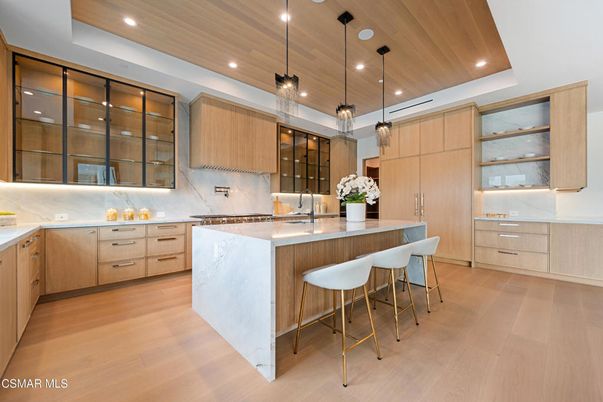Interior, Kitchen, Pendant Lights, Recessed Lighting, Stainless Steel Appliances, Wooden Ceilings, Wood Texture Flooring
