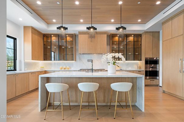 Interior, Kitchen, Pendant Lights, Recessed Lighting, Stainless Steel Appliances, Wooden Ceilings, Wood Texture Flooring