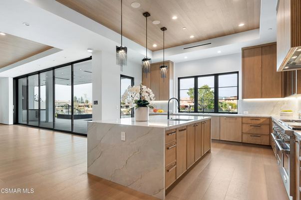Interior, Kitchen, Marble Walls, Pendant Lights, Recessed Lighting, Stainless Steel Appliances, Wooden Ceilings, Wood Texture Flooring