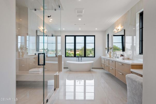 Bathroom, Dual Sink Vanities, Free Standing Baths, Glass Shower, Interior, Marble, Recessed Lighting