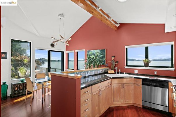 Dining room, Interior, Kitchen, Pendant Lights, Water, Wood Texture Flooring
