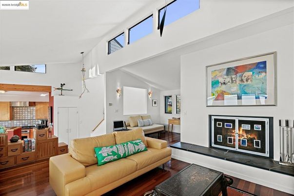 Fireplace, Interior, Kitchen, Living room, Pendant Lights, Recessed Lighting, Wood Texture Flooring