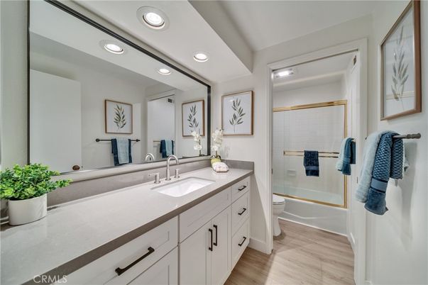 Bathroom, Glass Shower, Interior, Recessed Lighting, Wood Texture Flooring