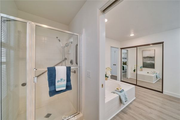 Bathroom, Glass Shower, Interior, Recessed Lighting, Wood Texture Flooring
