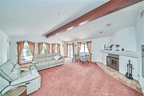 Dining room, Fireplace, Interior, Living room, Recessed Lighting, Wooden Beams