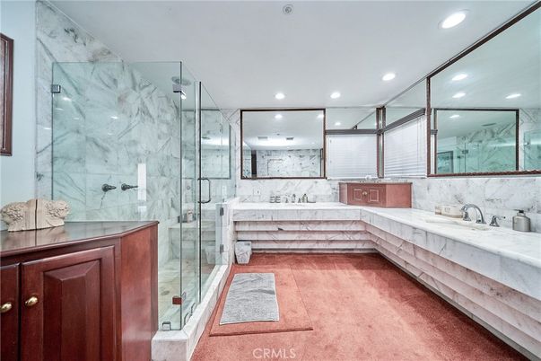 Bathroom, Glass Shower, Interior, Marble Walls, Recessed Lighting