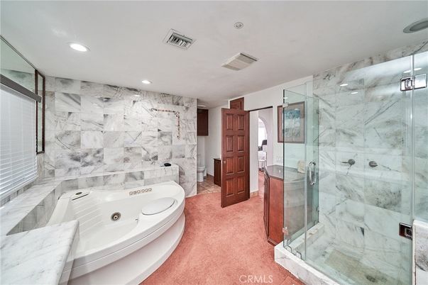 Bathroom, Glass Shower, Interior, Marble Walls, Recessed Lighting