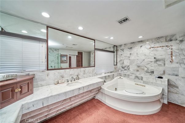 Bathroom, Dual Sink Vanities, Interior, Marble Walls, Recessed Lighting