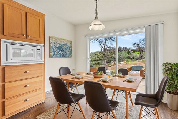 Dining room, Interior, Pendant Lights, Wood Texture Flooring