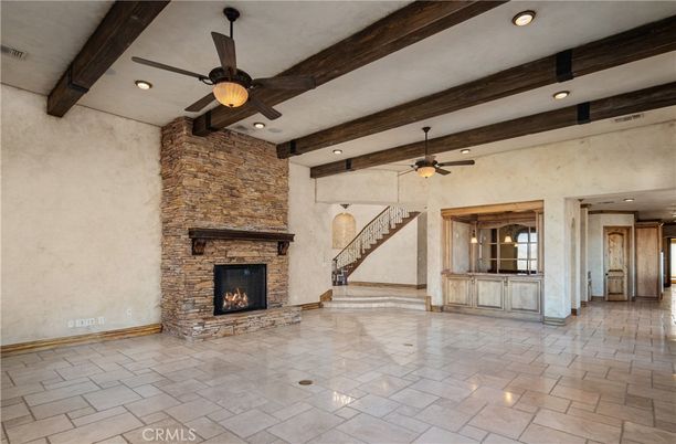 Fireplace, Interior, Recessed Lighting, Stone Walls, Wooden Beams