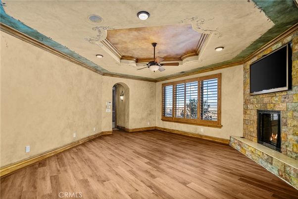 Empty room, Fireplace, Interior, Recessed Lighting, Wood Texture Flooring
