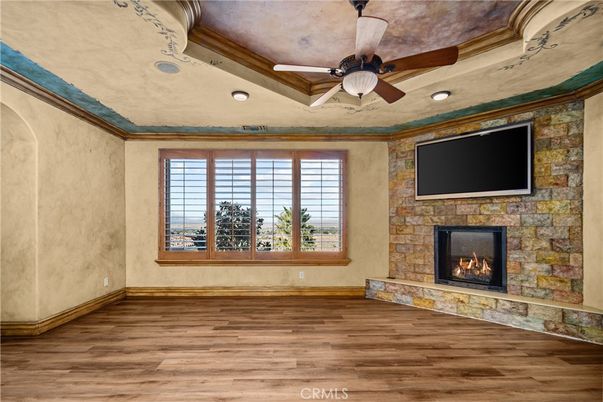 Empty room, Fireplace, Interior, Recessed Lighting, Wood Texture Flooring