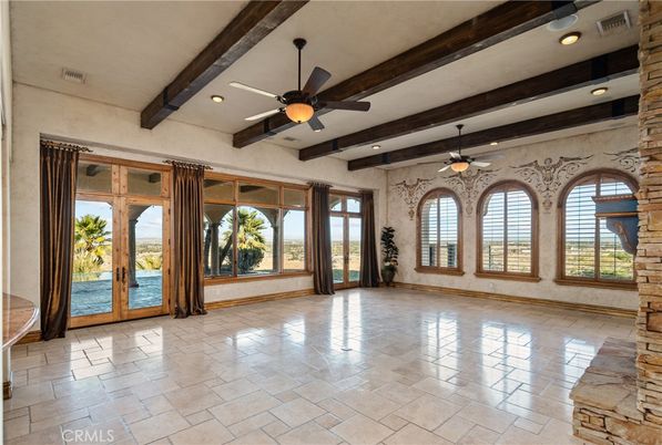 Empty room, Interior, Recessed Lighting, Stone Walls, Wooden Beams