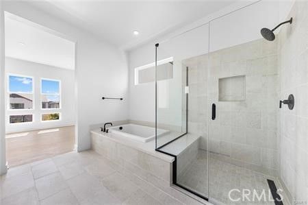 Bathroom, Glass Shower, Interior, Recessed Lighting, Wood Texture Flooring