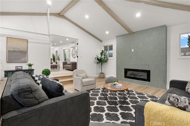 Fireplace, Interior, Living room, Recessed Lighting, Wooden Beams, Wood Texture Flooring