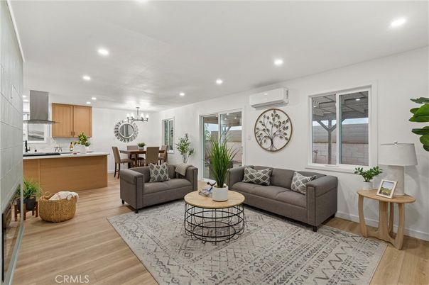 Chandelier, Dining room, Interior, Kitchen, Living room, Recessed Lighting, Wood Texture Flooring