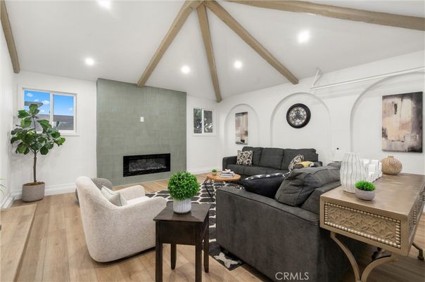 Fireplace, Interior, Living room, Recessed Lighting, Wooden Beams, Wood Texture Flooring