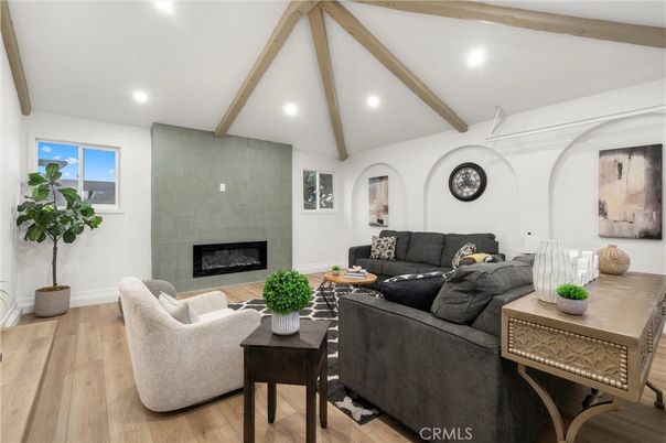 Fireplace, Interior, Living room, Recessed Lighting, Wooden Beams, Wood Texture Flooring