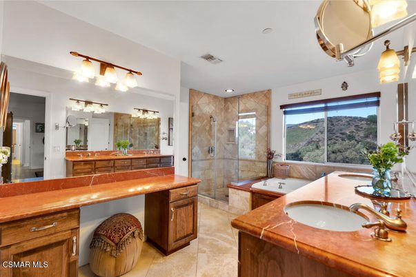 Bathroom, Dual Sink Vanities, Glass Shower, Interior, Recessed Lighting, Tile Countertops