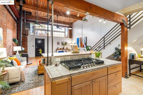 Interior, Kitchen, Living room, Pendant Lights, Stone Walls, Tile Countertops, Wooden Beams, Wooden Ceilings, Wood Texture Flooring