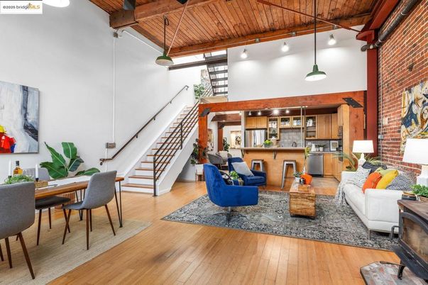 Dining room, Interior, Kitchen, Living room, Pendant Lights, Stainless Steel Appliances, Stone Walls, Wooden Beams, Wooden Ceilings, Wood Texture Flooring