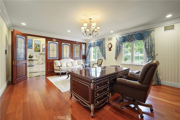 Chandelier, Home Office, Interior, Recessed Lighting, Wood Texture Flooring