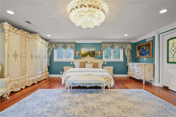 Bedroom, Chandelier, Interior, Recessed Lighting, Wood Texture Flooring