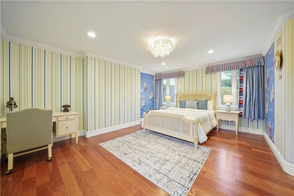 Bedroom, Chandelier, Interior, Recessed Lighting, Wood Texture Flooring